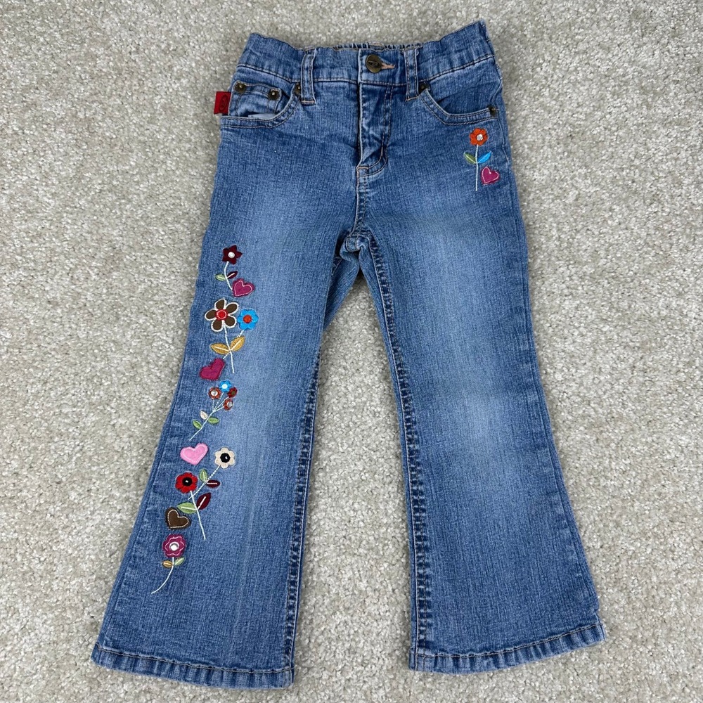 Let Me B Girls 3T Floral Heart Embroidered Flare Jeans Y2K Kidcore Denim Blue